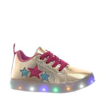Tenis sapato de menina dourado com luzes que piscam de led + pulseira
