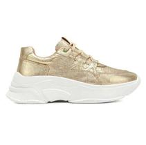 Tenis Skeaker Feminino Casual Sola 5,5cm Dourado Couro Legitimo