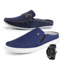 Tênis Slip e Mocassim Mule Masculino Kit 2 Pares LA FAIRE com Relógio - Azul
