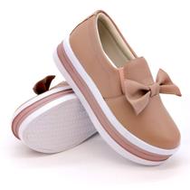 Tenis Slip On Casual Amanda Block Detalhe Laço e Sola Alta Reta com Listras