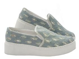 Tênis Slip On Feminino Jeans Brilhante Solado Branco - Salook