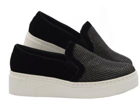 Tênis Slip On Feminino Preto Nobuck Brilhante Solado Branco Tênis Slip On Feminino Preto Nobuck Brilhante Solado Branco