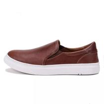 Tênis Slip On Masculino em Couro Casual Dia a Dia Café