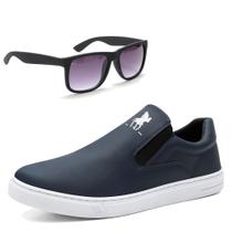 Tênis Slip On Sapatênis Masculino Casual Elegante Confortável Plus Marinho + Óculos De Sol