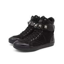 Tenis Sneaker Cano Alto Couro Unissex Todo Preto Com Piramide Prata