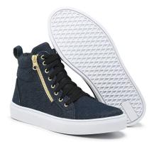 Tênis Sneaker Cano Alto Feminino Cadarço Zíper Estilo Macio Azul Jean