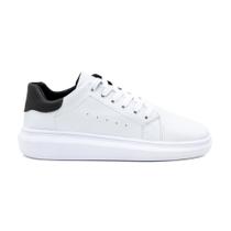 Tenis Sneaker Casual Masculino Sola4cm Couro Eco Branco Com Preto