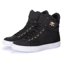 Tênis Sneaker Feminino Cano Alto Caveira Dourada Academia Couro Legítimo 10400 Preto