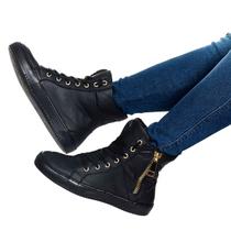 Tênis Sneaker Feminino Couro Legítimo Cano Alto Zíper Lateral Academia