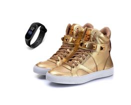 Tenis Sneaker Fitness Feminino Botinha Academia Couro + Relógio Tenis Sneaker Fitness Feminino Botinha Academia Couro + Relógio
