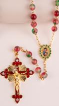 Terço Ágata Cereja Crucifixo Vermelho Banhado a Ouro 60 cm