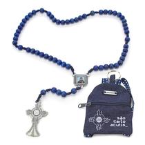 Terço Carlo Acutis com Mochila Ostensório Azul Madeira 8mm Terço Carlo Acutis com Mochila Ostensório Azul Madeira 8mm