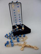 Terço cristal aust. azul escuro 8x6mm - p.n. dourado - folh. ouro