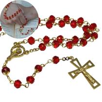 Terço de cristal Austríaco vermelho 6x4mm - Folheado à ouro 18k (Rosário católico)