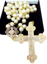Terço De Noiva Cruz Dupla Face Banhado Ouro Perolas Creme Terço De Noiva Cruz Dupla Face Banhado Ouro Perolas Creme