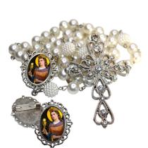 Terço de Noiva de Luxo Arabesco com Broche de Lapela Santa Barbara Qualidade Resinado Alto Padrão Premium Casamento Cat