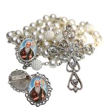 Terço de Noiva de Luxo Arabesco com Broche de Lapela São Bento Qualidade Resinado Alto Padrão Premium Casamento Catolic