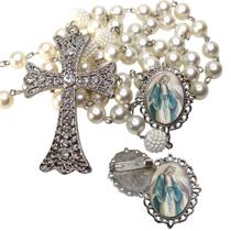 Terço de Noiva de Luxo Cravejado com Broche de Lapela Maria Passa na Frente Qualidade Resinado Alto Padrão Premium Cas