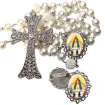 Terço de Noiva de Luxo Cravejado com Broche de Lapela Nossa Senhora do Bom Parto Qualidade Resinado Alto Padrão Premiu