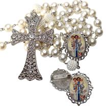 Terço de Noiva de Luxo Cravejado com Broche de Lapela Santa Gianna Qualidade Resinado Alto Padrão Premium Casamento Ca
