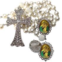 Terço de Noiva de Luxo Cravejado com Broche de Lapela Santa Mãe Rainha Qualidade Resinado Alto Padrão Premium Casament