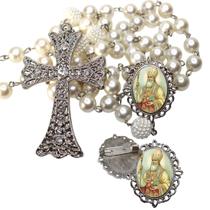 Terço de Noiva de Luxo Cravejado com Broche de Lapela Santo Agostinho Qualidade Resinado Alto Padrão Premium Casamento