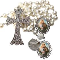 Terço de Noiva de Luxo Cravejado com Broche de Lapela Santo Antonio Qualidade Resinado Alto Padrão Premium Casamento C