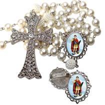 Terço de Noiva de Luxo Cravejado com Broche de Lapela Santo Expedito Qualidade Resinado Alto Padrão Premium Casamento