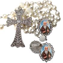 Terço de Noiva de Luxo Cravejado com Broche de Lapela São Bento Qualidade Resinado Alto Padrão Premium Casamento Catol