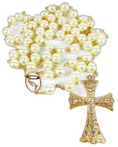 Terço de Noiva Dourado Perolas Creme Entremeio Nossa Senhora