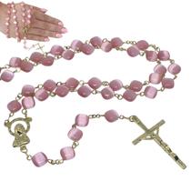 Terço de Olho de Gato Rosa 8mm Folh. Ouro 18k _ Rosário Católico