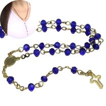 Terço de pescoço de cristal Austríaco azul escuro 4x3mm Folheado à ouro 18k _ Rosário católico Terço de pescoço de cristal Austríaco azul escuro 4x3mm Folheado à ouro 18k _ Rosário católico