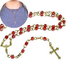 Terço de pescoço de cristal Austríaco cubo vermelho de 4mm - Folheado à ouro 18k (Rosário para pescoço) Terço de pescoço de cristal Austríaco cubo vermelho de 4mm - Folheado à ouro 18k (Rosário para pescoço)