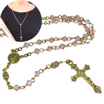 Terço de pescoço de cristal Austríaco rosa de 4mm - Folheado à ouro 18k (Rosário católico para pescoço)