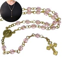 Terço de pescoço de cristal Tcheco rosa 4mm - Folheado à Ouro 18k (Colar terço Católico)