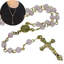 Terço de pescoço de quartzo rosa folheado à ouro 18k Terço de pescoço de quartzo rosa folheado à ouro 18k