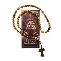 Terço de São Francisco Tau contas madeira e acrilico com folheto ARL4079