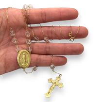 Terço em Ouro 18k com 21 Cristal Nossa Senhora das Graças e Cruz 60cm k14