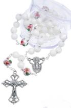 Terço Glacial Branco Olho de Gato com Flor Cloisonné