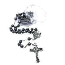 Terço Hematita Medalha de São Bento Com Crucifixo