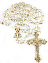 Terço Noiva Dourado Cristal Transparente Tcheco Cruz Coração - Evangelize