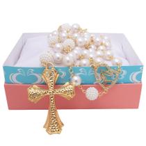 Terço Noiva Pérola Branca Virgem Do Silêncio Folheado A Ouro