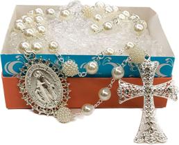 Terço Noiva Perola Cruz Folheado A Prata