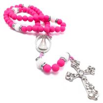 Terço Nossa Senhora Aparecida Strass Emborrachado Rosa Fosco - FORNECEDOR 9