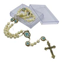 Terço Nossa Senhora das Graças Contas Leitosa Bege 8 mm Ouro Velho