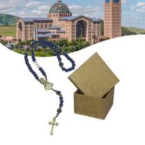 Terço Religioso Catolico Perola Azul Com Caixa Mdf Mãe - Coisas Para o Lar