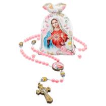 Terço Rosário Imaculado Coração de Maria Resina Rosa Saquinho Estampado