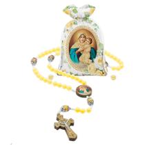 Terço Rosário Mãe Rainha Resina Amarelo Saquinho Estampado