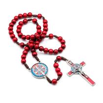 Terço São Bento Madeira Vermelho 10mm Cruz Metal Resinado - Malu Artigos Religiosos