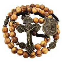 Terço TALISMAN4U de Madeira de Oliveira com São Miguel e Crucifixo de Bronze